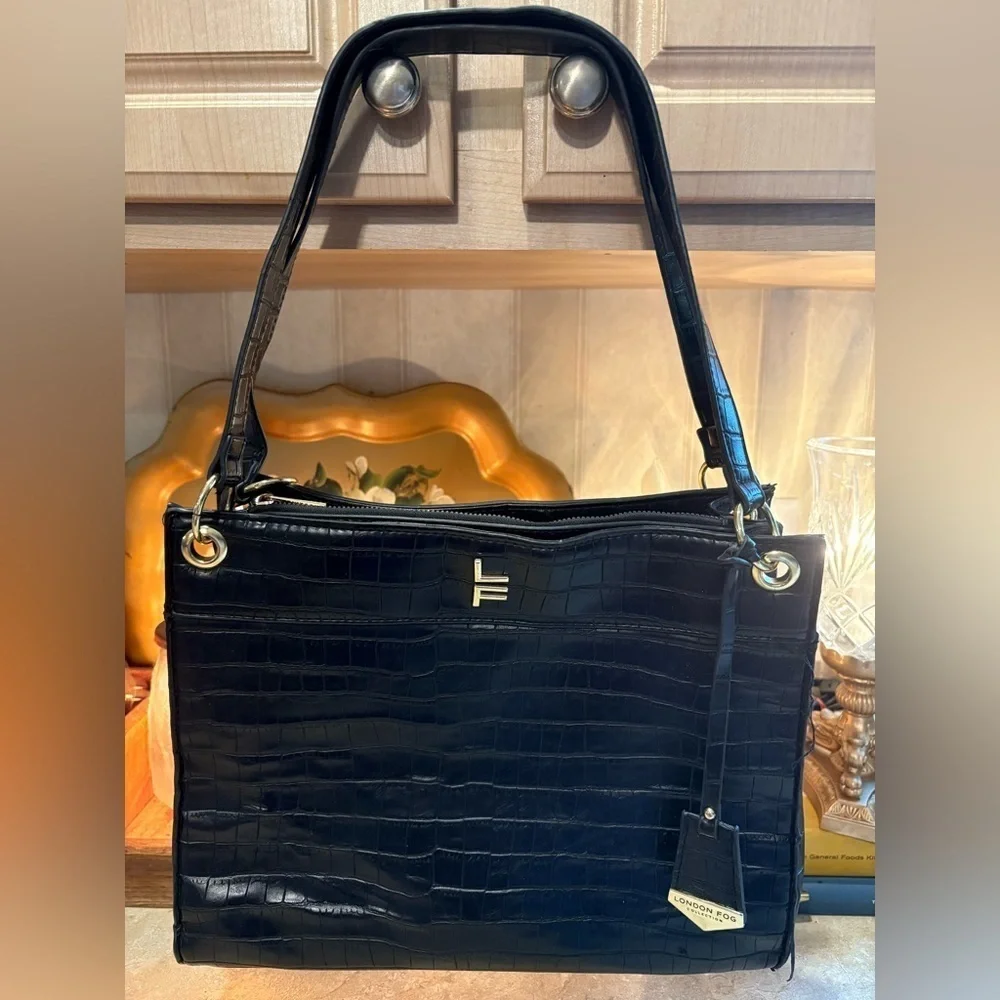 London Fog Satchel Bag Black Brielle Croco Purse